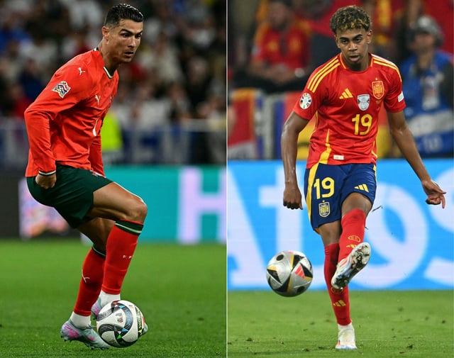 This combination of pictures created on June 06, 2025 shows Portugal&#39;s forward #07 Cristiano Ronaldo (L) controling the ball during the UEFA Nations League semi-final football match between Germany and Portugal in Munich, southern Germany on June 4, 2025 and Spain&#39;s forward #19 Lamine Yamal passing the ball during the UEFA Euro 2024 semi-final football match between Spain and France at the Munich Football Arena in Munich on July 9, 2024. Spain starlet Lamine Yamal said upcoming Nations League final on June 8, 2025 against Portugal would give him the chance to &#34;prove who I am&#34; after helping his side past France in the semis on June 5, 2025.