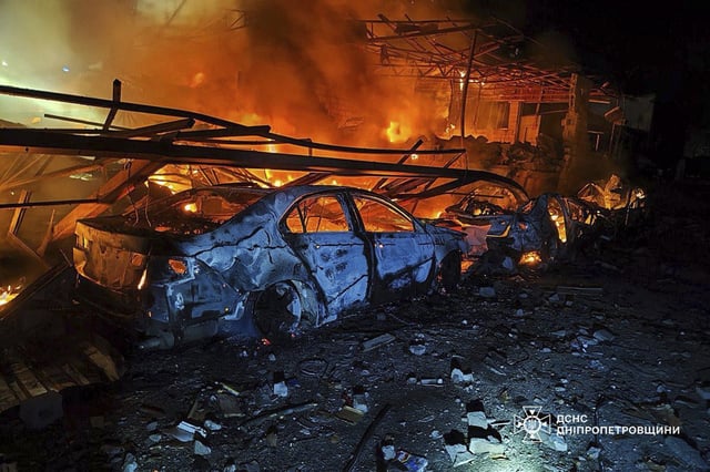 In this photo provided by the Ukrainian Emergency Service, firefighters put out the fire following Russia&#39;s drones attack in Kamianske, Dnipropetrovsk region, Ukraine, Wednesday, April 16, 2025.