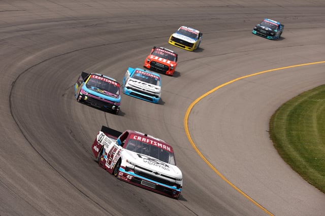 Kaden Honeycutt, driver of the #45 DQS Solutions &amp; Staffing Chevrolet, drives during the NASCAR Craftsman Truck Series DQS Solutions &amp; Staffing 250 Powered by Precision Vehicle Logistics at Michigan International Speedway on June 07, 2025 in Brooklyn, Michigan.