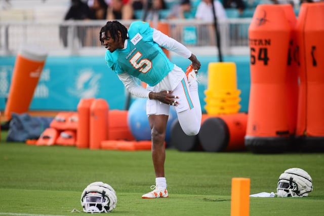 Aug 6, 2024; Miami Gardens, FL, USA; Miami Dolphins cornerback Jalen Ramsey (5) works out during a joint practice with the Atlanta Falcons at Baptist Health Training Complex. Mandatory Credit: Sam Navarro-USA TODAY Sports/File photo