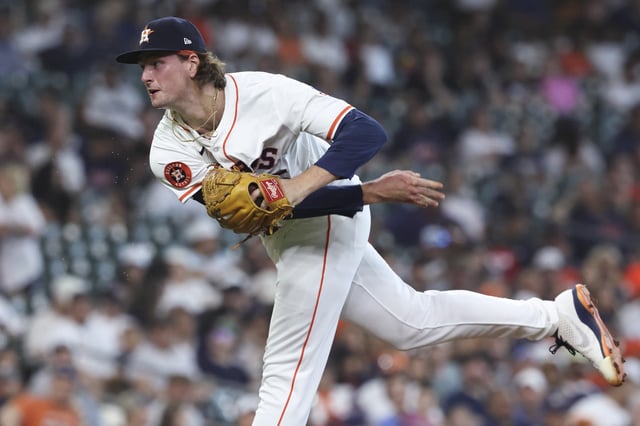 May 31, 2025; Houston, Texas, USA; Houston Astros relief pitcher Forrest Whitley (55) delivers a pitch during the eighth inning against the Tampa Bay Rays at Daikin Park. Mandatory Credit: Troy Taormina-Imagn Images/File photo