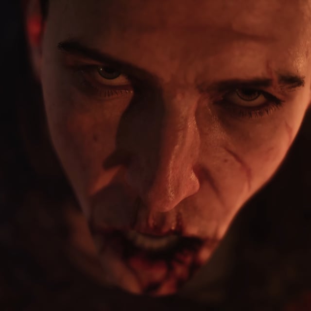 A bloody vampire does a Kubrick stare.