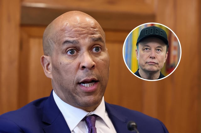 (L):U.S. Sen. Cory Booker (D-NJ) questions witnesses during a special forum on the rising cost of education at the Dirksen Senate Office Building on May 14, 2025 in Washington, DC.
(R): Elon Musk attends a news conference with President Donald Trump in the Oval Office of the White House, Friday, May 30, 2025, in Washington.