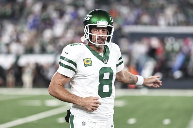 Aaron Rodgers #8 of the New York Jets reacts prior to a game against the Buffalo Bills at MetLife Stadium on September 11, 2023 in East Rutherford, New Jersey.