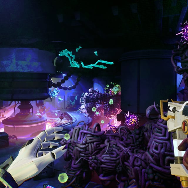 The player moves through a futuristic level with neon glowing lights