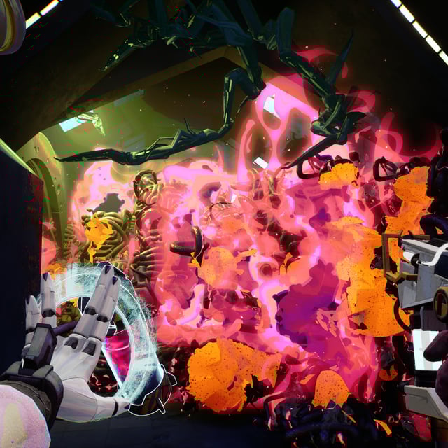 The player faces a cloud of bright pink and orange smoke