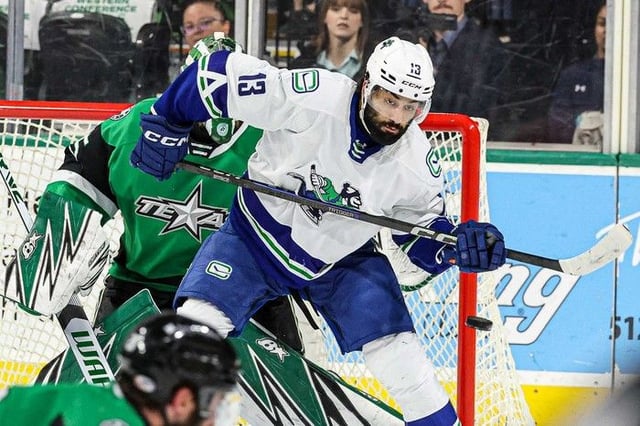 Abbotsford Canucks winger Arshdeep Bains sets screen against the Texas Stars in Game 5 of the AHL Western Conference finals on Friday in Cedar Park, Texas. The Stars prevailed 2-1 in overtime.