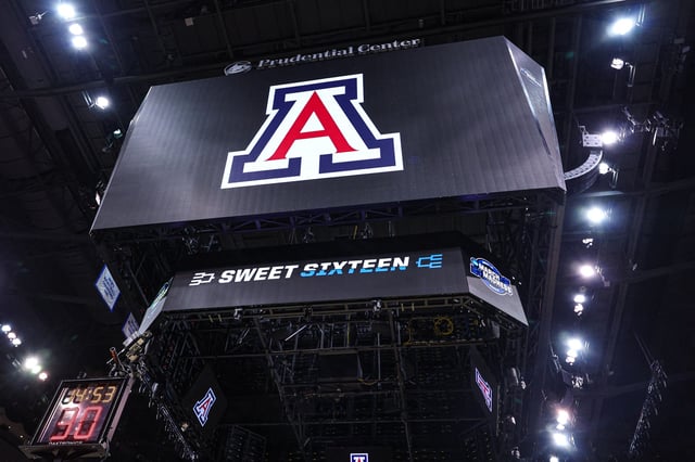 Mar 26, 2025; Newark, NJ, USA; An Arizona Wildcats logo on the main scoreboard during a practice session in preparation for an East Regional semifinal game against the Duke Blue Devils at Prudential Center. Mandatory Credit: Vincent Carchietta-Imagn Images/File photo