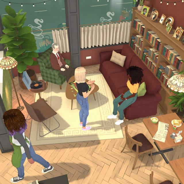Characters gather in a cafe - two chat on a sofa while another is working wearing an apron