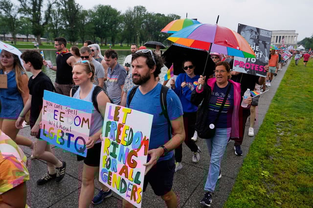 People attend the World Pride Rally and March at the Lincoln Memorial, Sunday, June 8, 2025, on the National Mall in Washington.