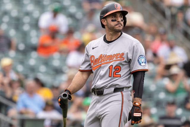 Baltimore Orioles&#39; Ramón Laureano looks to the scoreboard after striking out during the eighth inning of a baseball game against the Athletics Sunday, June 8, 2025, in West Sacramento, Calif. (AP Photo/Sara Nevis)