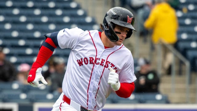 Worcester left fielder Roman Anthony runs on a fly ball against the Durham Bulls May 23.