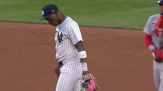 New York Yankees third baseman Jazz Chisholm Jr. reacts after committing an error against the Boston Red Sox.