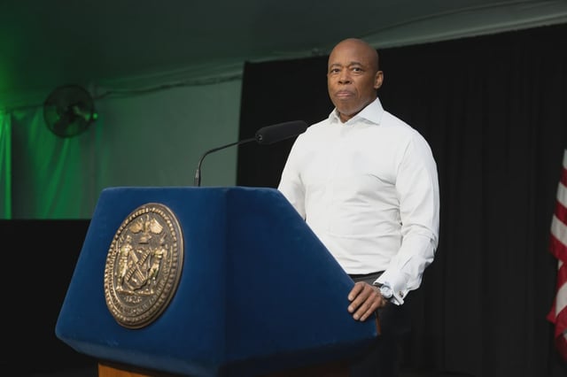 Mayor Eric Adams speaks at Gracie Mansion.