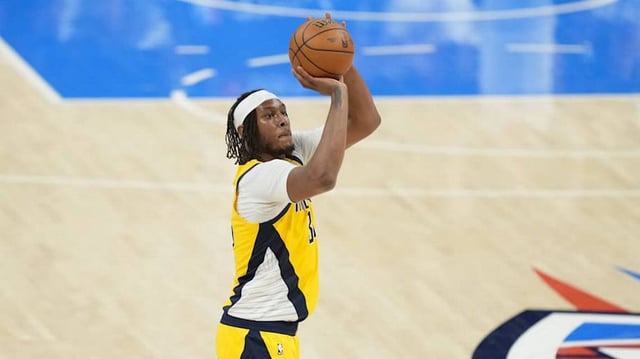 Indiana Pacers center Myles Turner averaged 15.6 points, 6.5 rebounds and 2.0 blocks per game during the 2024-25 season.