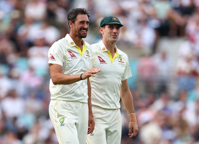 Cricket - Ashes - Fifth Test - England v Australia - The Oval, London, Britain - July 29, 2023  Australia's Mitchell Starc celebrates with Pat Cummins after taking the wicket of England's Chris Woakes caught by Usman Khawaja Action Images via Reuters/Andrew Boyers/File Photo