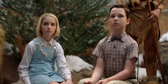 Paige (McKenna Grace) and Sheldon (Iain Armitage) caught in a closed part of the museum in the Young Sheldon episode "Carbon Dating and a Stuffed Raccoon."