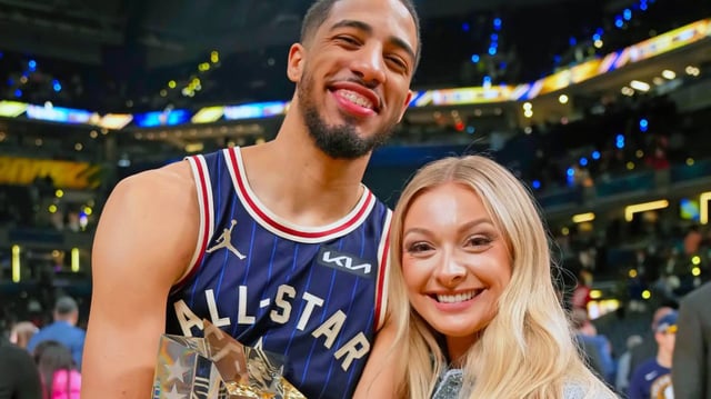 Eastern Conference guard Tyrese Haliburton (0) of the Indiana Pacers and girlfriend Jade Jones after the 73rd NBA All Star game at Gainbridge Fieldhouse.
