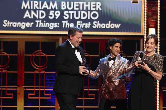 Miriam Buether and 59 Studio accept Best Scenic Design of a Play for Stranger Things: The First Shadow, at the 78th Annual Tony Awards pre show in New York City, U.S., June 8, 2025. REUTERS/Brendan Mcdermid