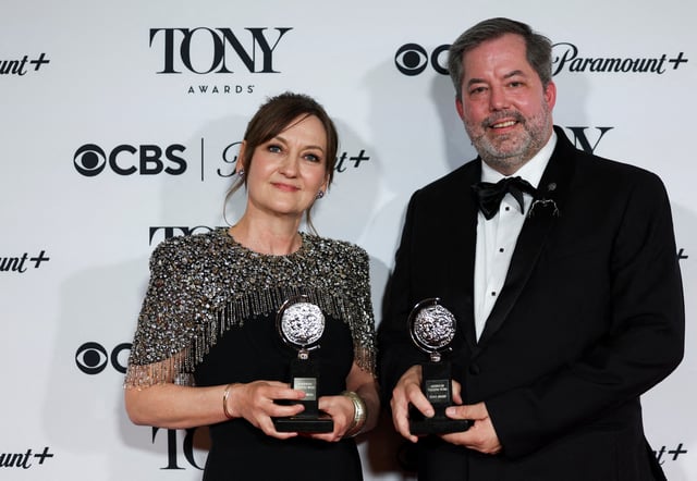 Miriam Buether and 59 Studio pose with the award for Best Scenic Design of a Play for Stranger Things: The First Shadow, at the 78th Annual Tony Awards in New York City, U.S., June 8, 2025. REUTERS/Jeenah Moon