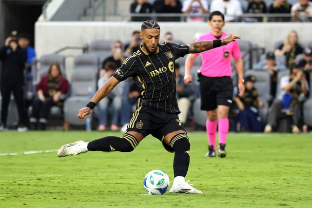 Los Angeles FC forward Denis Bouanga converts a penalty kick for a goal against Sporting Kansas City during the second half of an MLS match at BMO Stadium in Los Angeles, on Sunday, June 8, 2025.  Los Angeles FC win 3-1.  (Photo by Raul Romero Jr., Contributing Photographer)
