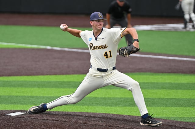 Jun 8, 2025; Durham, NC, USA; Murray State Racers pitcher Graham Kelham (41) pitches the ball in the ninth inning against the Duke Blue Devils during the Durham Super Regionals at Jack Coombs Field.  Mandatory Credit: Zachary Taft-Imagn Images