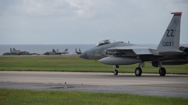 A U.S. Air Force F-15C Eagle assigned to the 67th Fighter Squadron taxis into position for an aircraft capabilities demonstration on Kadena Air Base, Japan, Nov. 22, 2022.