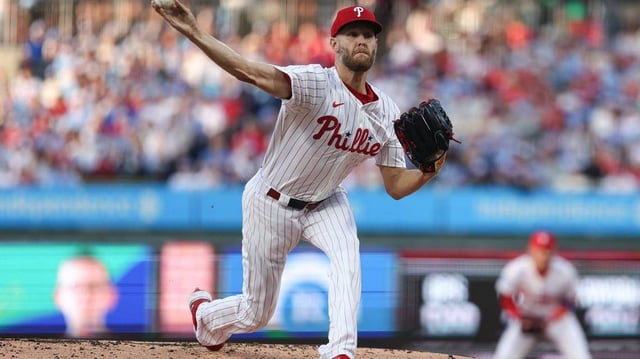 May 29, 2025; Philadelphia, Pennsylvania, USA; Philadelphia Phillies pitcher Zack Wheeler (45) throws a pitch against the Atlanta Braves during the third inning at Citizens Bank Park. Mandatory Credit: Bill Streicher-Imagn Images