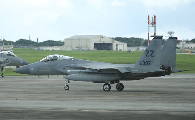 This image from May 15, 2017 picture shows a US Air Force F-15 fighter aircraft at Kadena air force base in Okinawa.