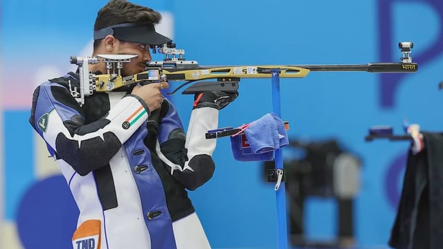 Swapnil Kusale of India competes during the 50m rifle 3 positions men's final of shooting (Photo: IANS/Xinhua/Zhao Dingzhe)