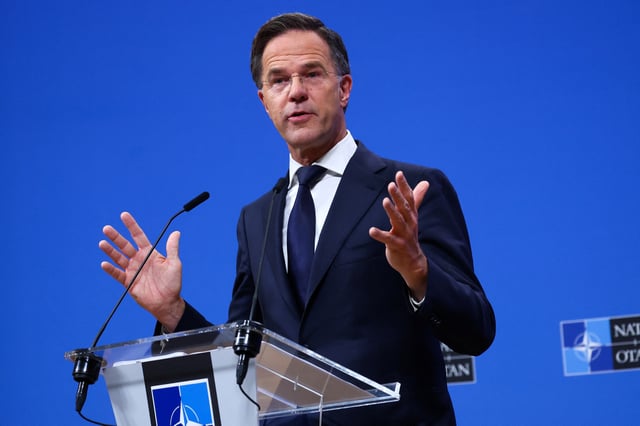 NATO Secretary General Mark Rutte speaks during a press conference on the eve of a NATO Defence Ministers meeting at the Alliance's headquarters in Brussels, Belgium June 4, 2025. REUTERS/Yves Herman/File Photo