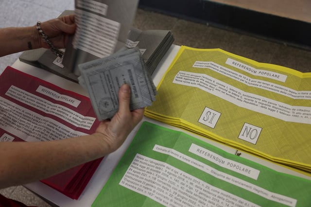 A person holds ballot papers during a referendum on employment and Italian citizenship at a polling station in Rome, Italy, June 8, 2025. REUTERS/Matteo Minnella