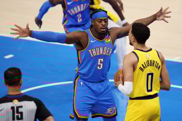 Luguentz Dort of the Oklahoma City Thunder defends the inbound against Tyrese Haliburton of the Indiana Pacers during the first quarter in Game Two of the 2025 NBA Finals at Paycom Center on June 08, 2025 in Oklahoma City, Oklahoma. 