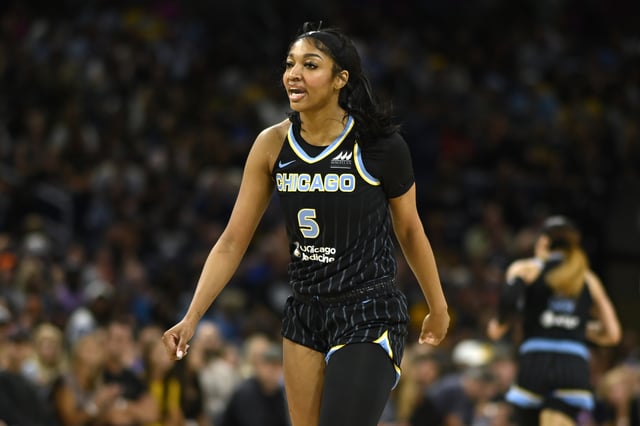 Angel Reese #5 of the Chicago Sky reacts after scoring in the first half against the Indiana Fever at Wintrust Arena on June 23, 2024 in Chicago, Illinois.