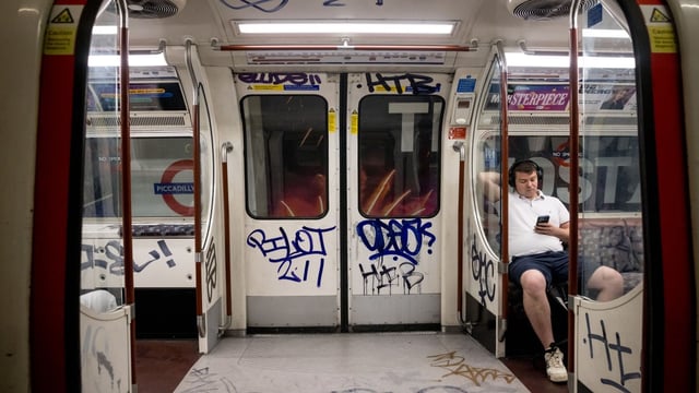 A Bakerloo Line carriage last month. Passengers have complained that graffiti is getting worse on the Tube