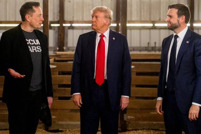 JD Vance (far right) says Elon Musk (far left) needs to &#34;chill out&#34; with his attacks on President Trump (centre).
