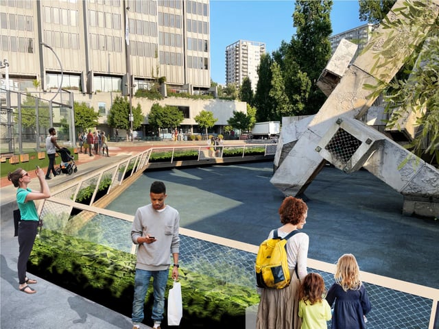 A rendering of the fence scheduled to be put up around Vaillancourt Fountain on San Francisco’s Embarcadero Plaza starting Monday morning.