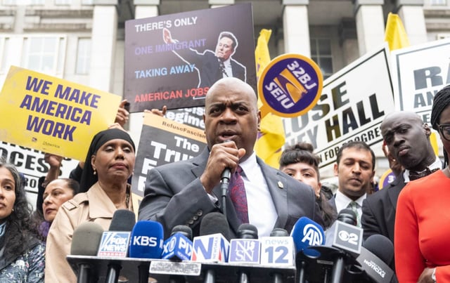 Ras Baraka, the maayor of Newark, speaks to the media and supporters after exiting the courthouse on May 15, 2025 in Newark, N.J. Baraka appeared in federal court for a status conference on the Trump administration's charge that he trespassed last week at Delaney Hall, an ICE immigration detention center.