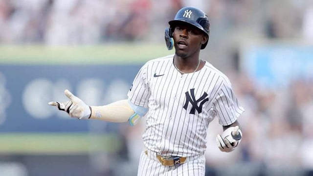 Jun 6, 2025; Bronx, New York, USA; New York Yankees third baseman Jazz Chisholm Jr. (13) rounds the bases after hitting a three run home run against the Boston Red Sox during the first inning at Yankee Stadium. Mandatory Credit: Brad Penner-Imagn Images