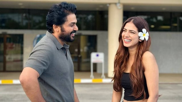 Malavika Mohanan with Karthi at Sardar 2 set. | Image: X