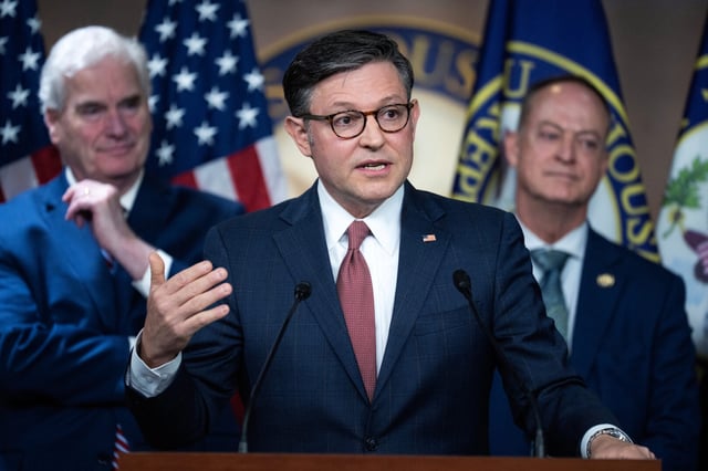 Speaker Mike Johnson, R-La., flanked by House Majority Whip Tom Emmer, R-Minn., and Rep. Mark Messmer, R-Ind., conducts a news conference on June 4. (Tom Williams/CQ Roll Call)