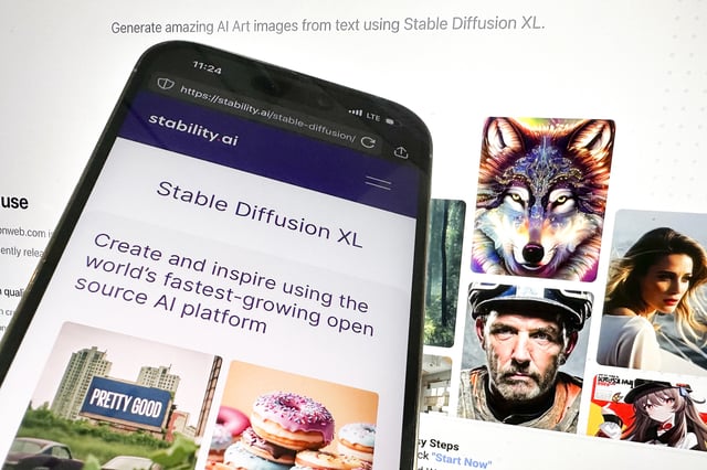 FILE - The desktop and mobile websites for Stable Diffusion are pictured, Oct. 24, 2023, in New York. (AP Photo/John Minchillo, File)