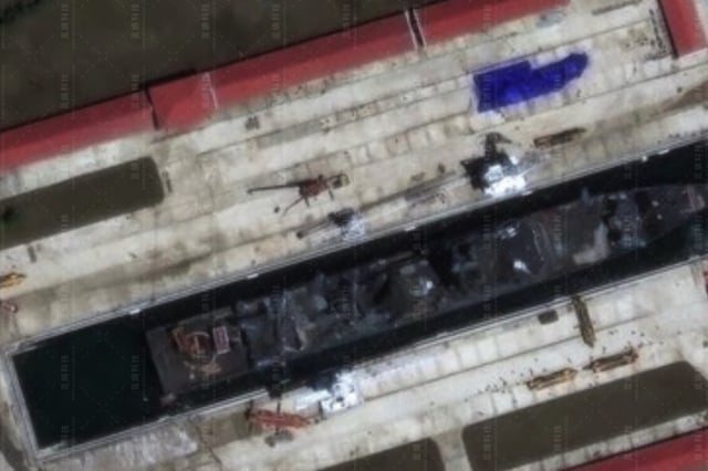 Imagery released on June 9, 2025, by Chinese commercial satellite firm MizarVision shows a North Korean navy ship undergoing repairs inside a dry dock at the country&#39;s northeastern Rajin shipyard following a botched ship launch in May.