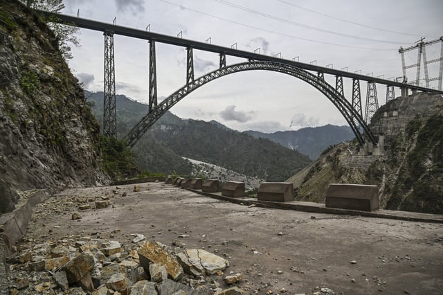 Chenab bridge, the world&#39;s highest rail arch bridge in Reasi, Jammu and Kashmir, on July 6, 2024.