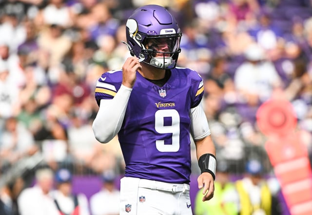 J.J. McCarthy #9 of the Minnesota Vikings looks on in the second quarter of the preseason game against the Las Vegas Raiders at U.S. Bank Stadium on August 10, 2024 in Minneapolis, Minnesota.
