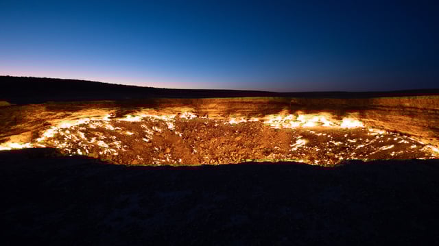 The Darvaza Gas Crater or the Door to Hell, a burning natural gas field, in the Karakum Desert in Turkmenistan.