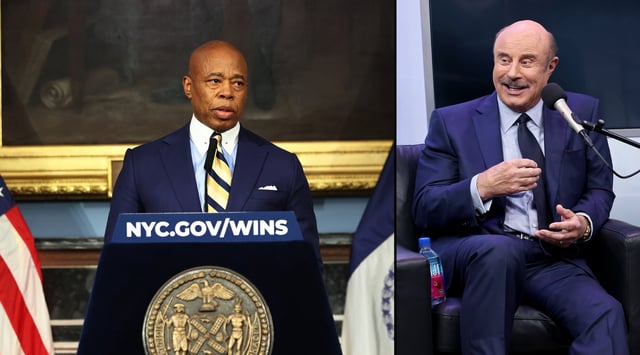 New York City Mayor Eric Adams, left, spoke with 'Dr.' Phil McGraw, right in a conversation about antisemitism at Tribeca Synagogue Sunday evening. (Michael M. Santiago via Getty Images. Jamie McCarthy via Getty Images)