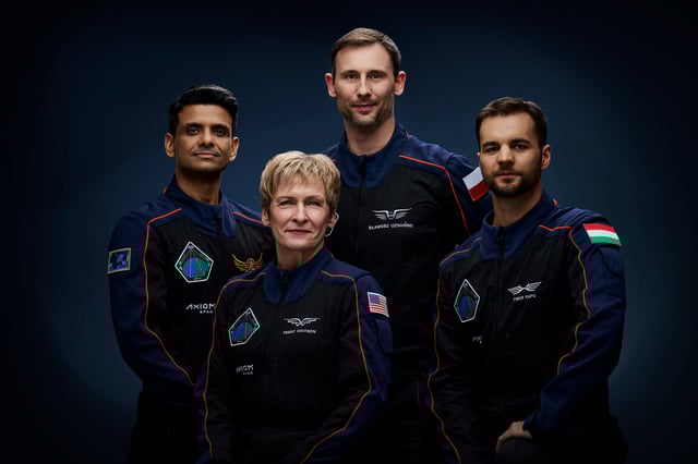 The official crew portrait of Axiom Mission 4, the fourth private astronaut mission from Axiom Space to the International Space Station. From left are, Pilot Shubhanshu Shukla from India, Commander Peggy Whitson from the U.S., and Mission Specialists Sławosz Uznański-Wiśniewski from Poland and Tibor Kapu from Hungary.
