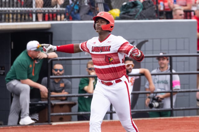 Louisville outfielder Eddie King Jr. celebrates his second home run of the game during the NCAA baseball Super Regional game 2 at Jim Patterson Stadium on June 7, 2025 in Louisville, Ky.