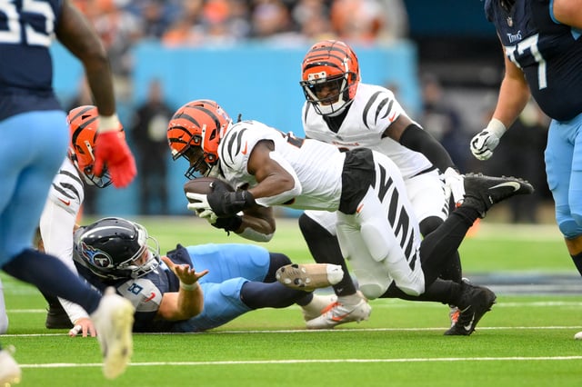 Dec 15, 2024; Nashville, Tennessee, USA;  Cincinnati Bengals linebacker Germaine Pratt (57) recovers the fumble of Tennessee Titans quarterback Will Levis (8) during the first half at Nissan Stadium. Mandatory Credit: Steve Roberts-Imagn Images/File Photo